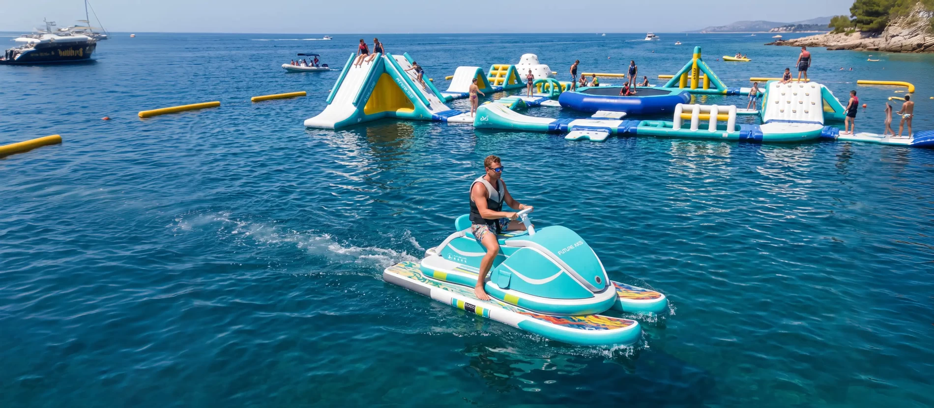 Homme pilotant un jet-ski gonflable sur une mer bleue transparente, parc aquatique gonflable flottant en arrière-plan, équipement de loisirs nautiques estivaux